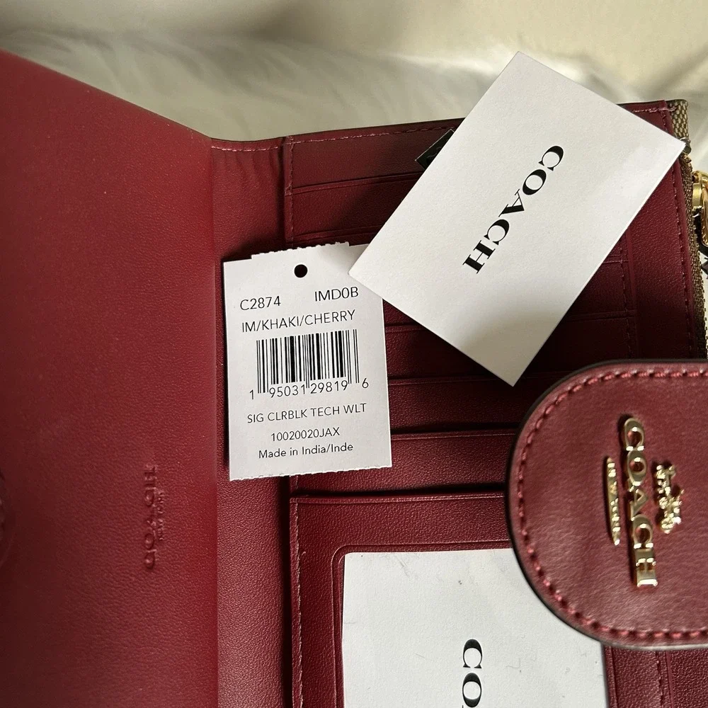 Coach Tech Wallet‎ Khaki Cherry Signature Canvas Leather Wristlet Excellent